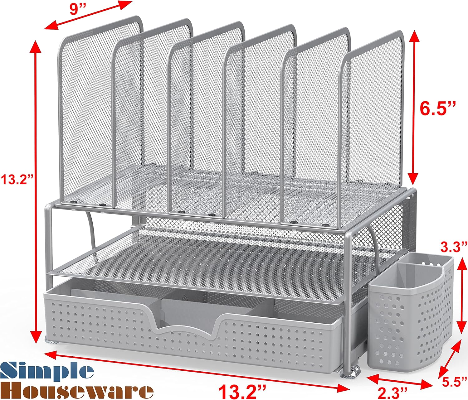 SimpleHouseware Mesh Desk Organizer with Sliding Drawer, Double Tray and 5 Upright Sections, Black - Image 2